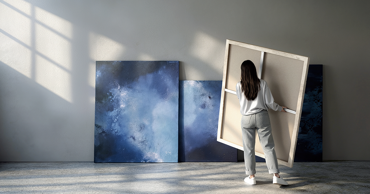 Person holding a large canvas in a minimalist art studio.