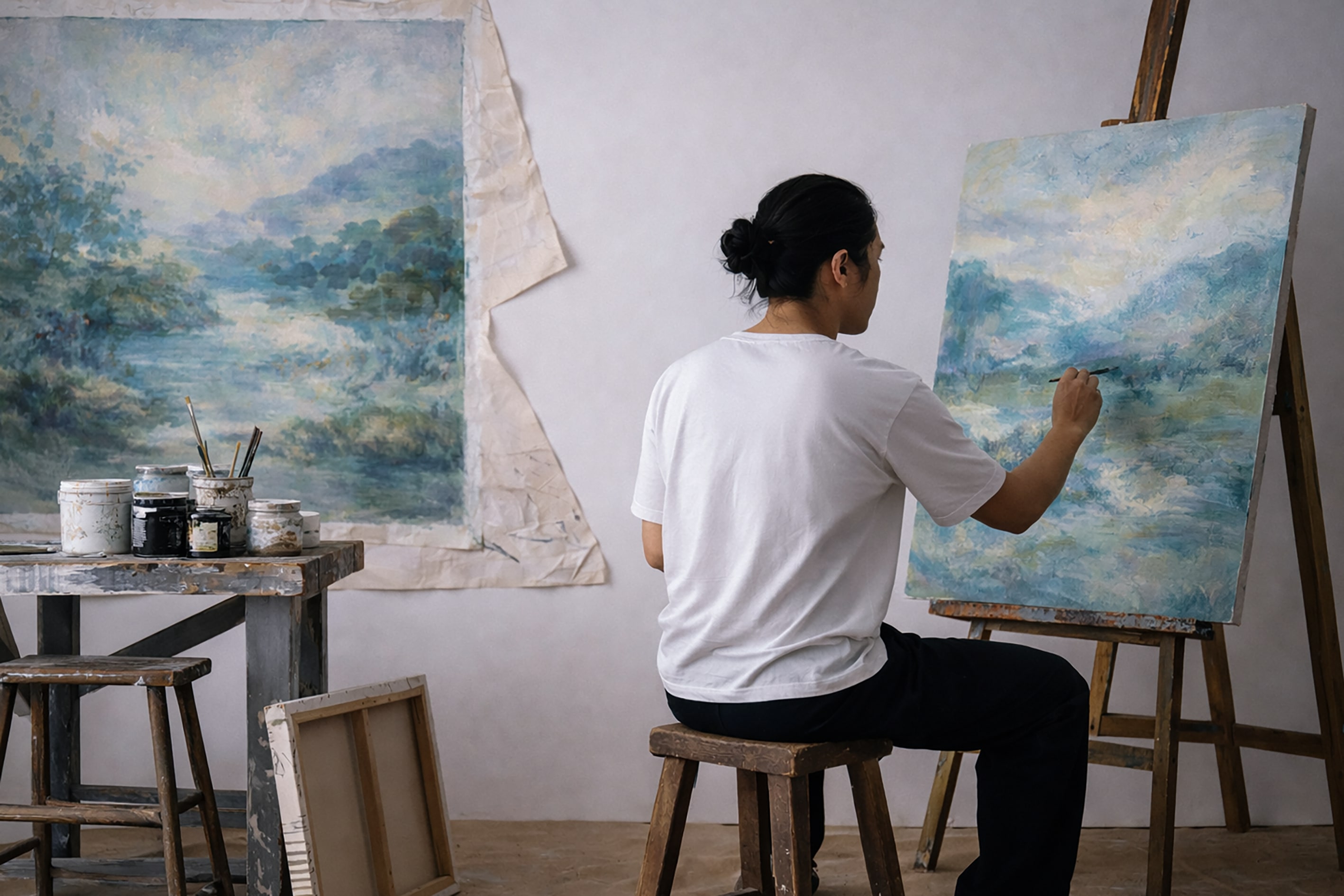 Artist painting a landscape scene in a studio.
